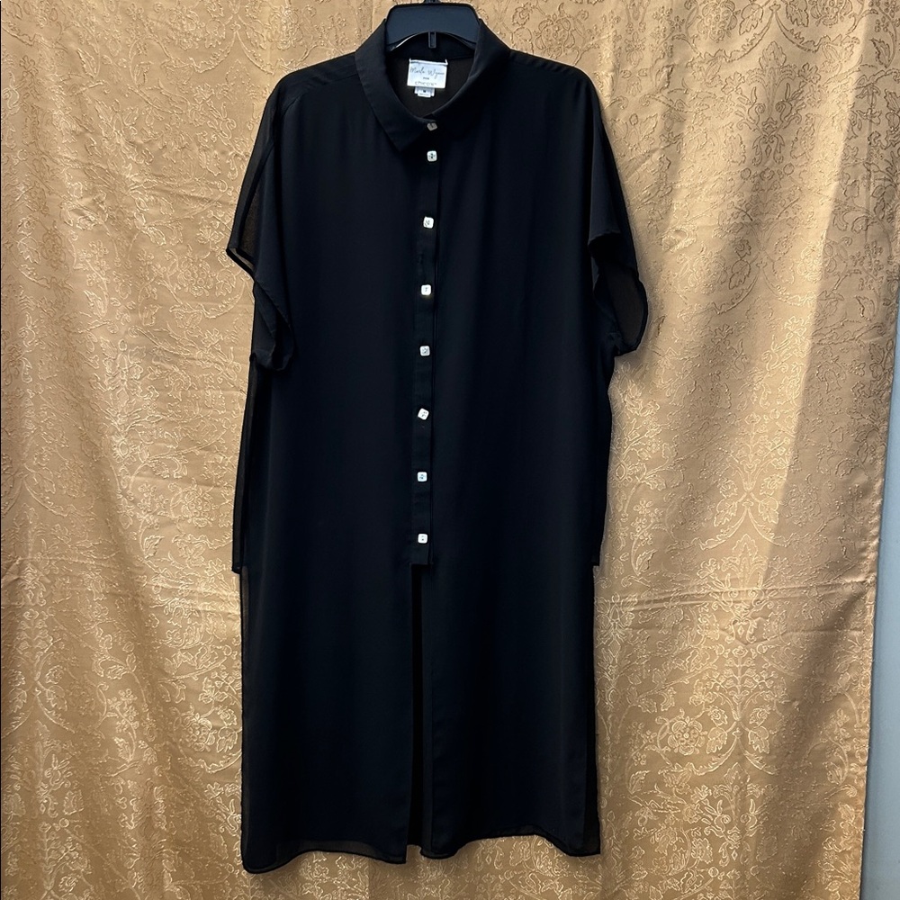 Women's Black Short-Sleeve Button-Down Shirt Dress/Top